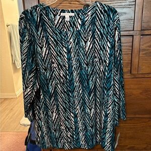 JM Collection Zigzag Print Blouse in Black, White, and Teal